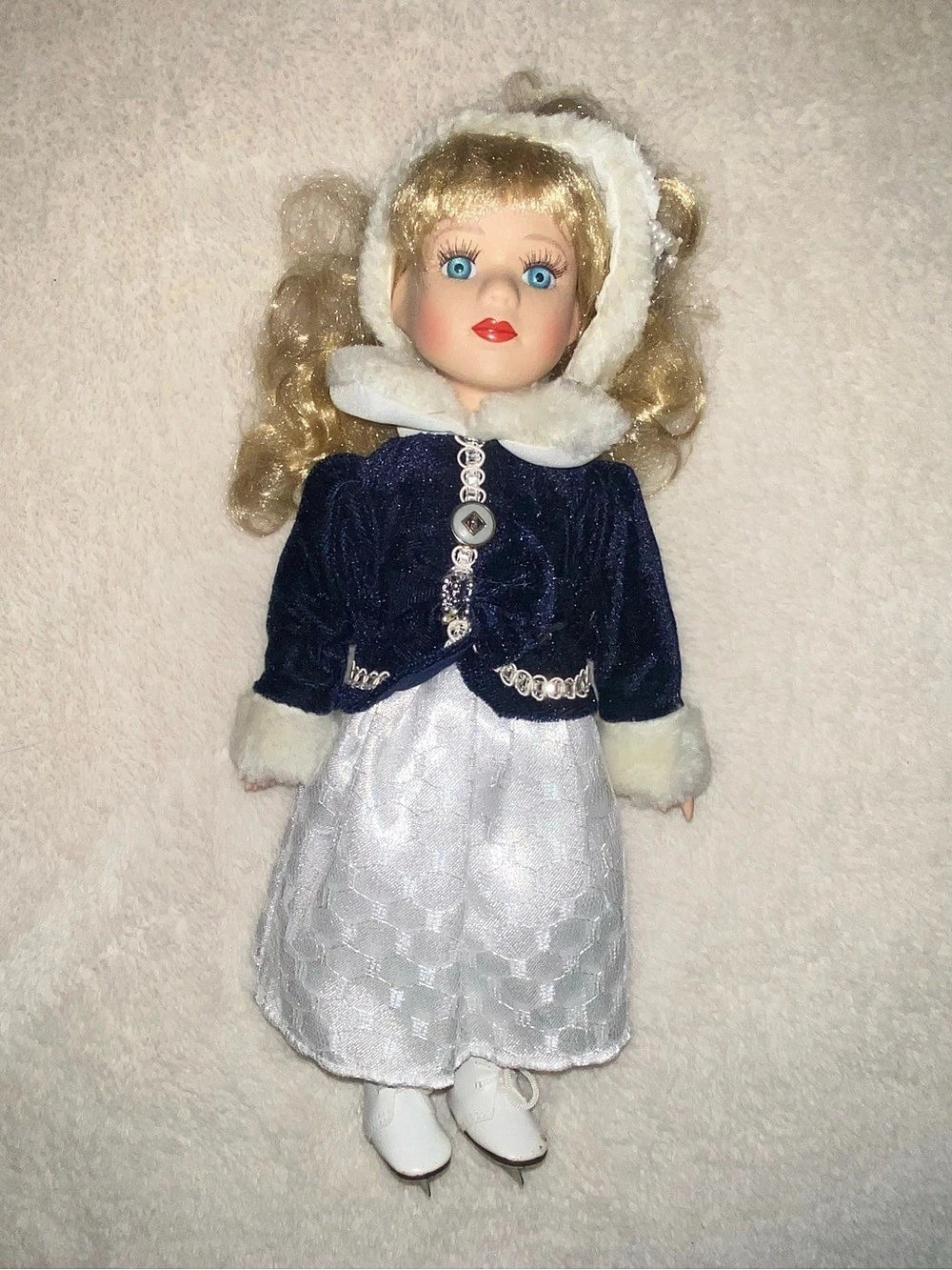 Porcelain Doll Winter Figure Skater Blue & White